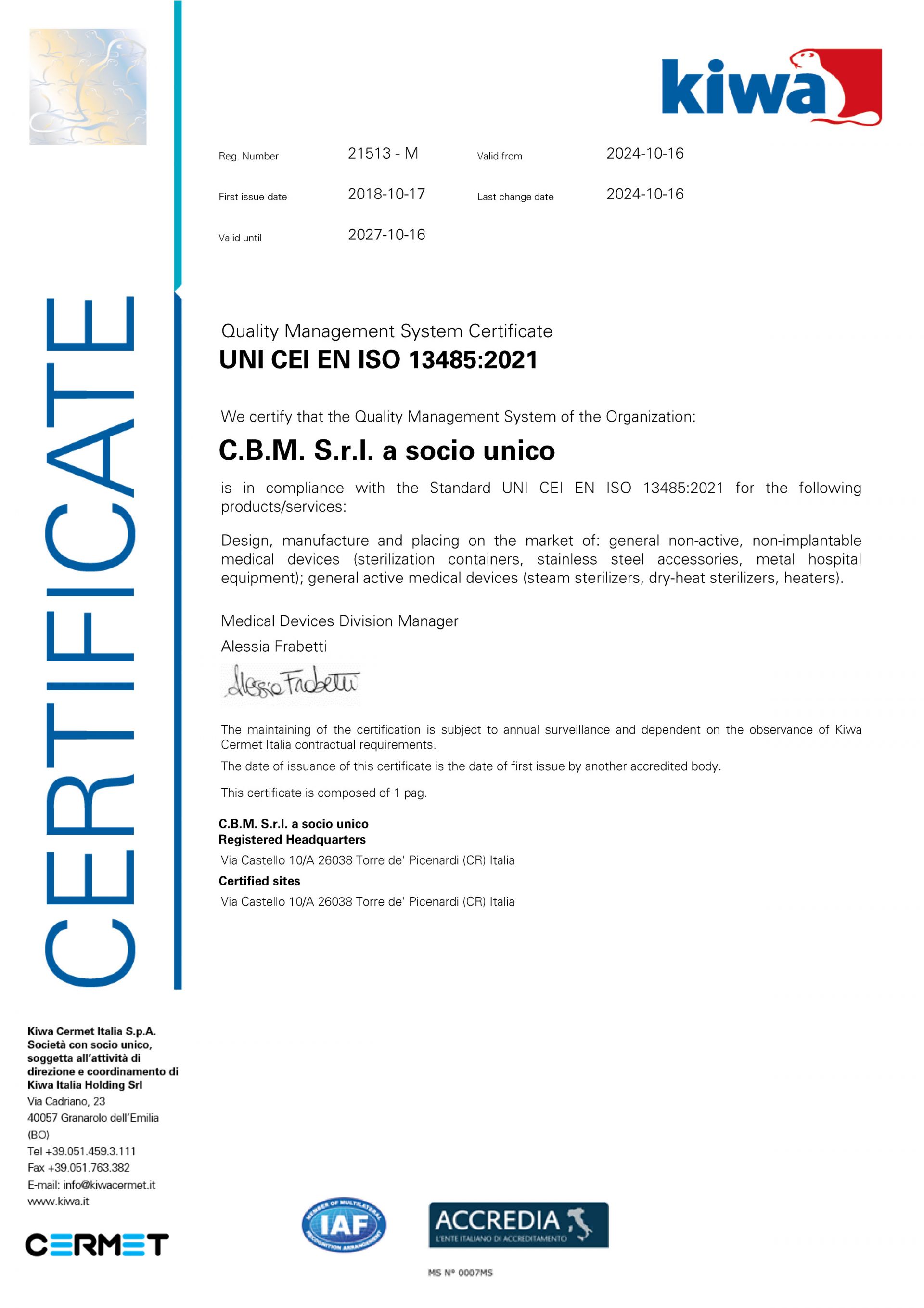 Certificato Kiwa UNI CEI EN ISO 13485:2021