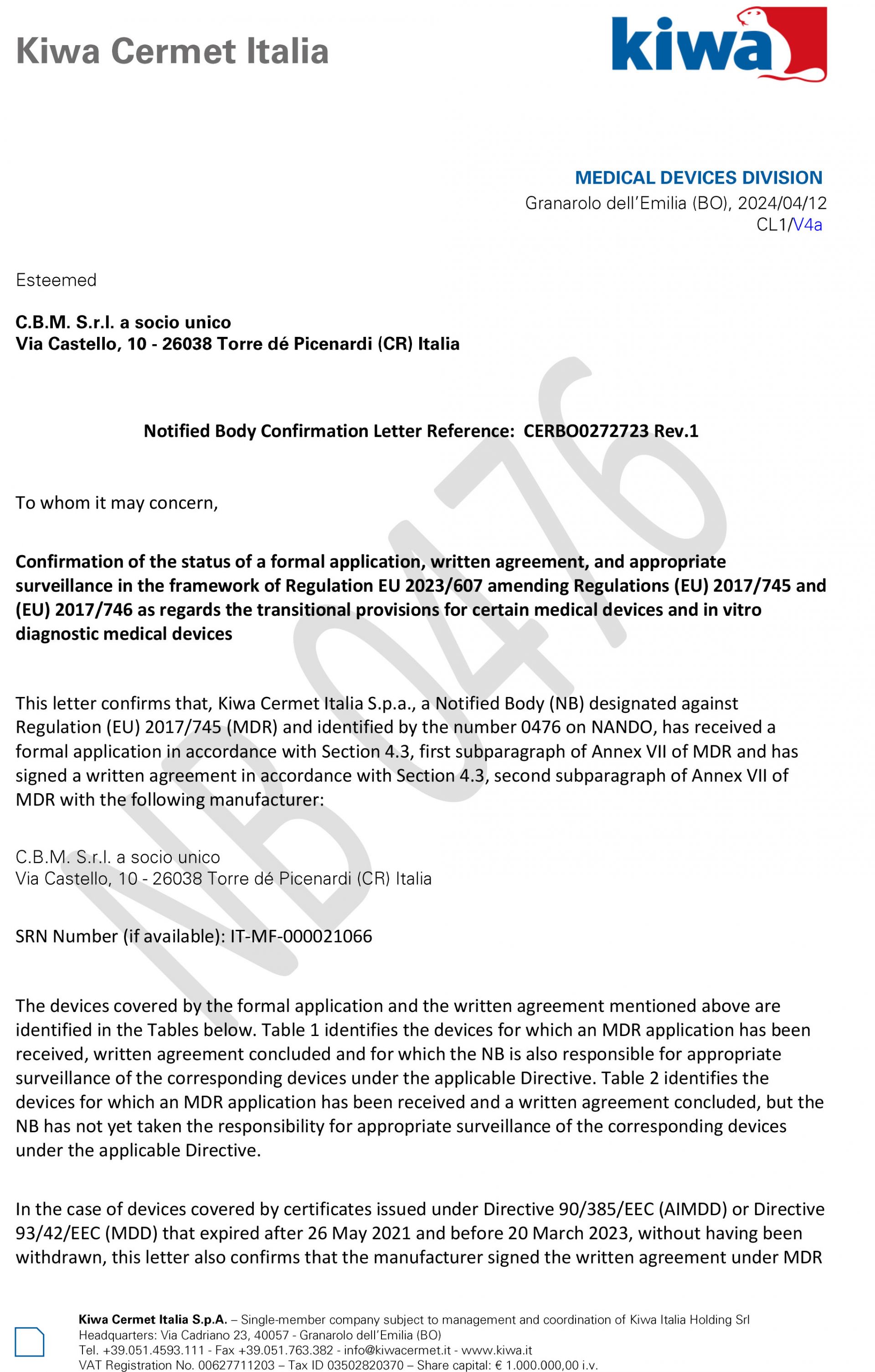 Certificato Kiwa Letter Reference: CERBO0272723 Rev.1